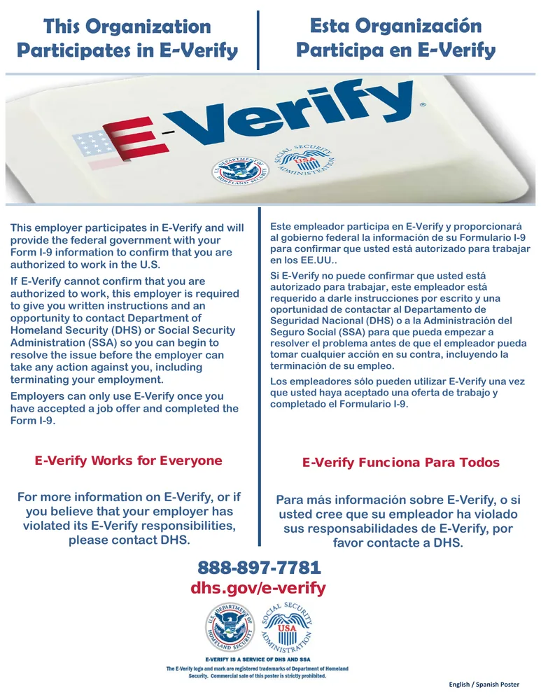 Notice of E-Verify Participation poster (English and Spanish)