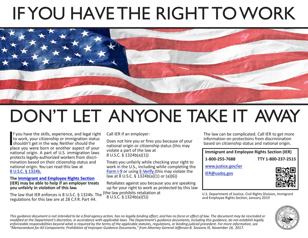Right to Work poster from the Immigrant and Employee Rights Section (English and Spanish)